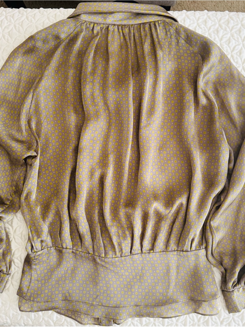 Magaschoni Olive Satin Blouse with Yellow Dot Print